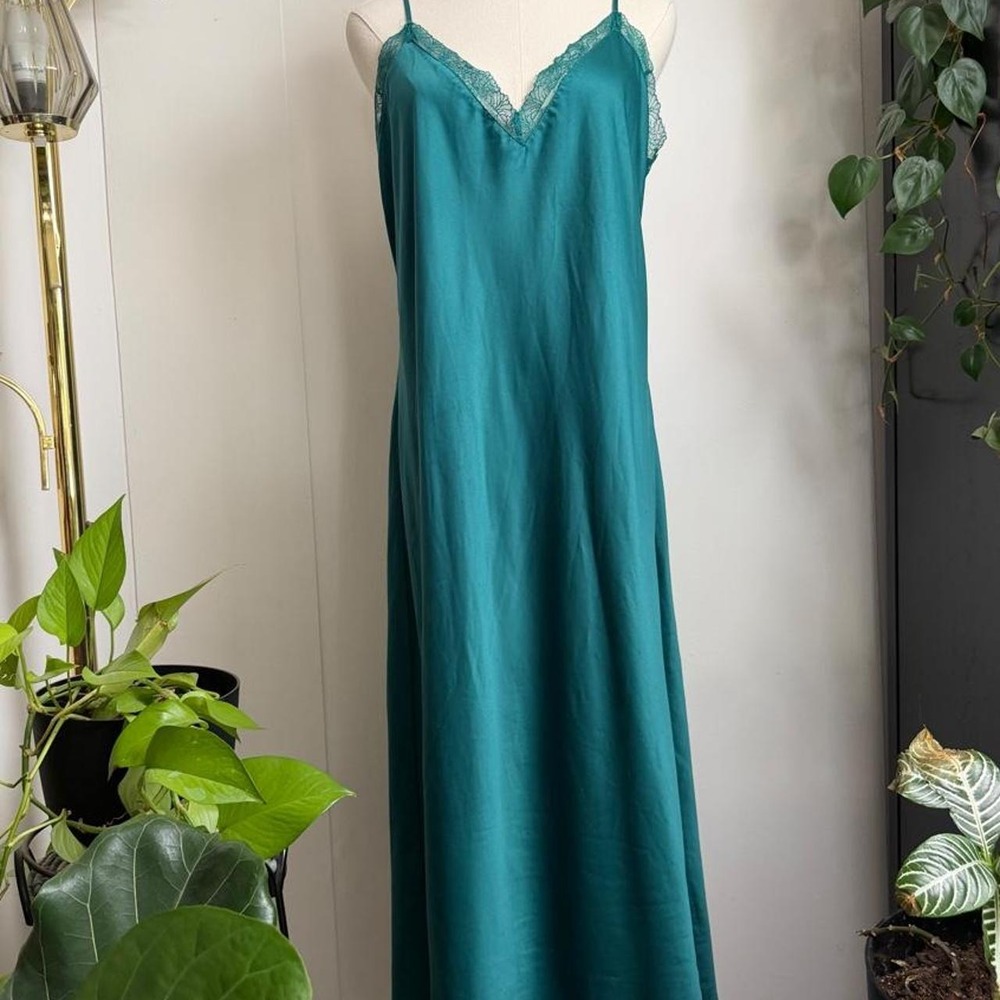 INC International Concepts Teal Satin Maxi Slip Dress Lace Trim XL